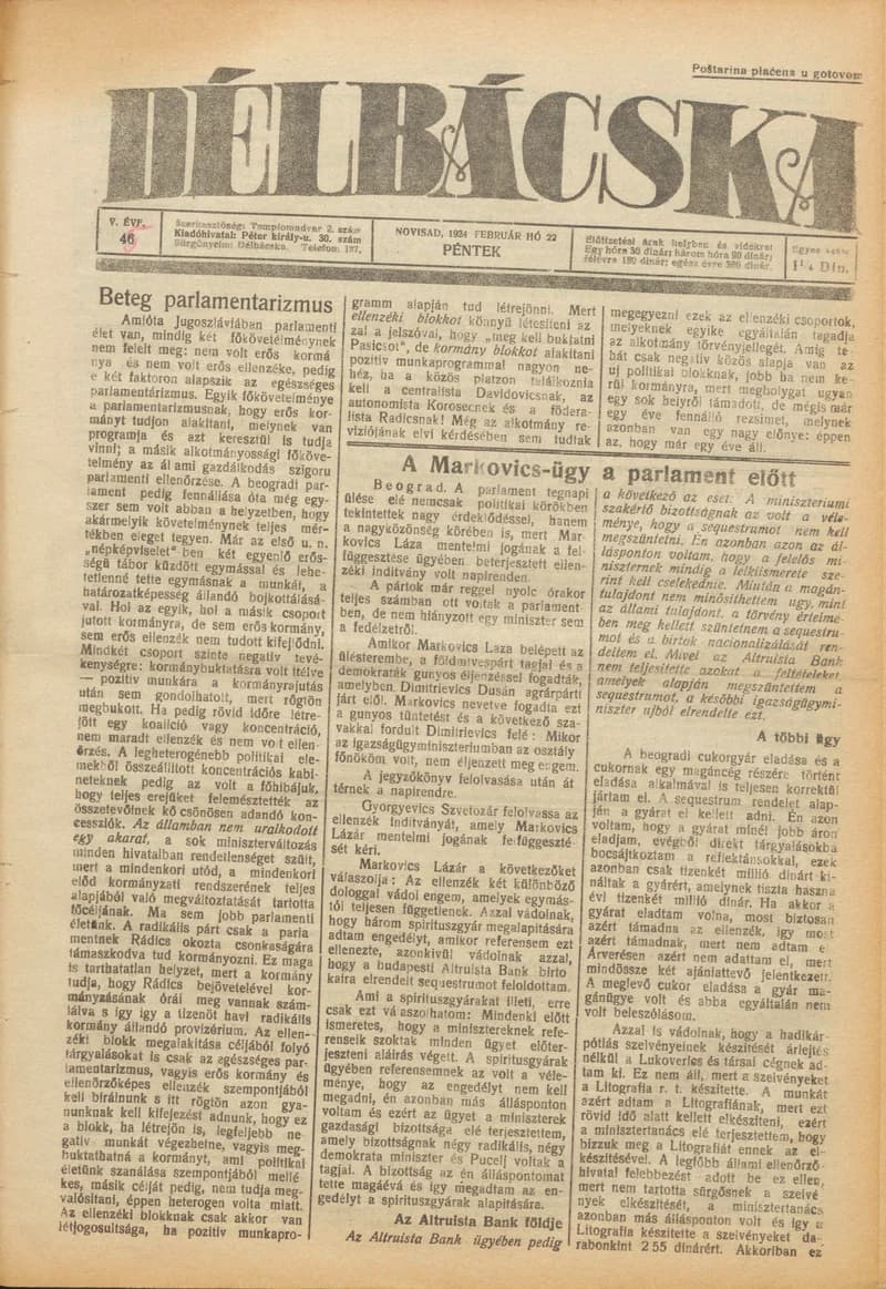 Délbácska, 5. évf. 1924. február 22. 45. sz.