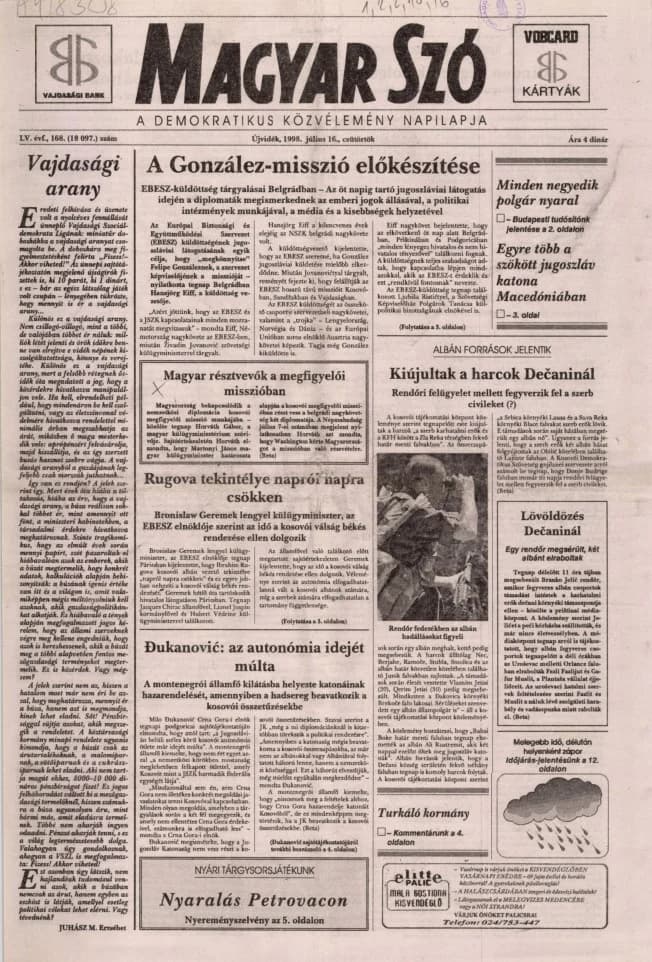 Magyar Szó, 55. évf. 1998. július 16. 168. sz. 1–16. oldal