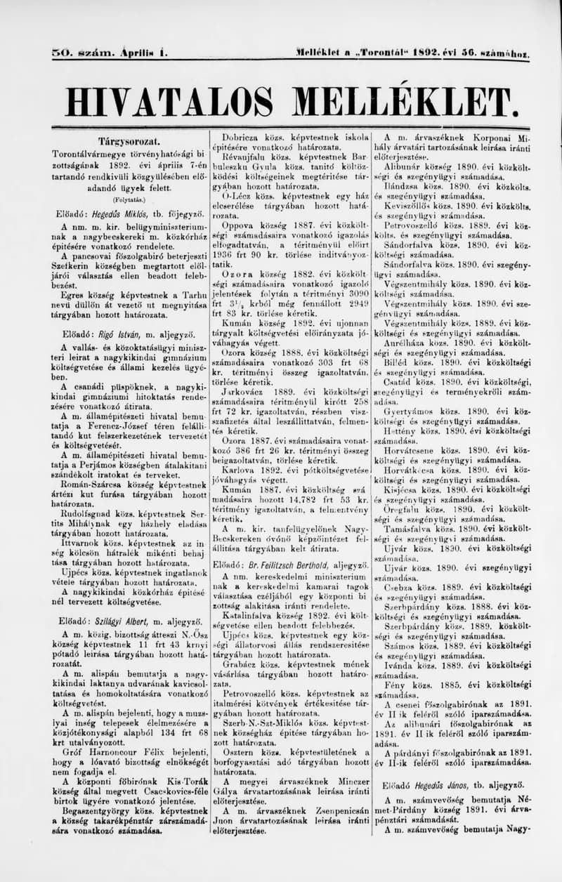 A Totontál  hivatalos melléklete, 5. évf. 1892. április 1. 50. sz.