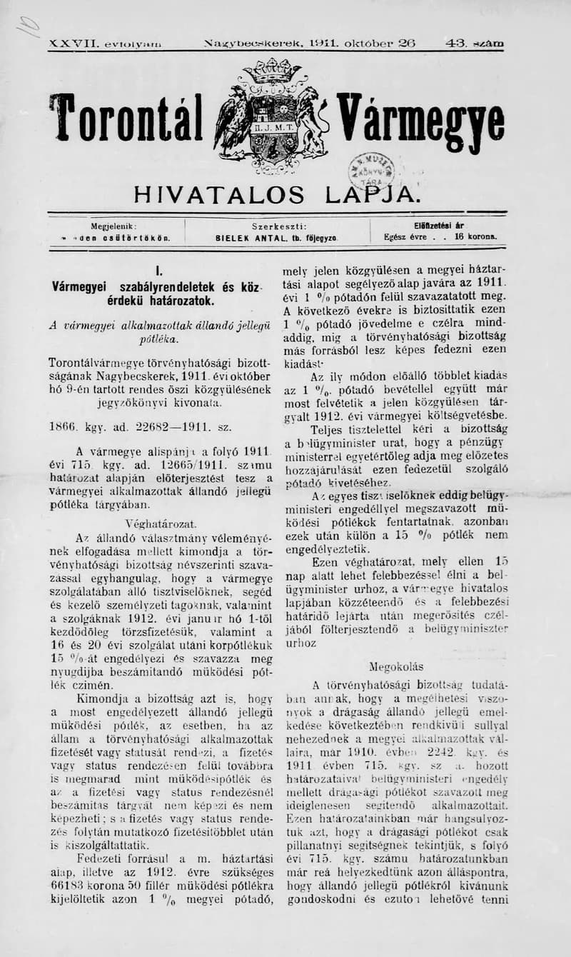 Torontál Vármegye Hivatalos Lapja, 27. évf. 1911. október 26. 43. sz.