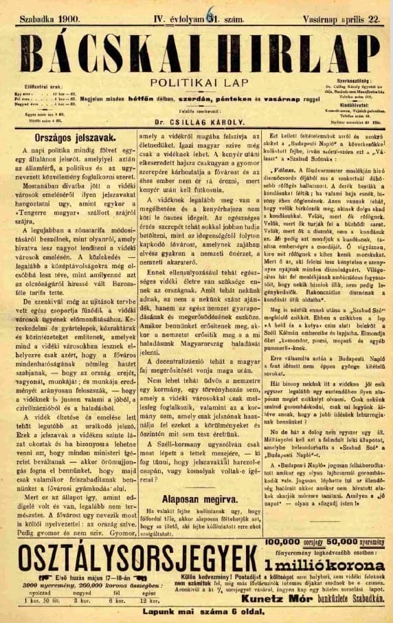 Bácskai Hirlap, 4. évf. 1900. április 22. 61. sz.