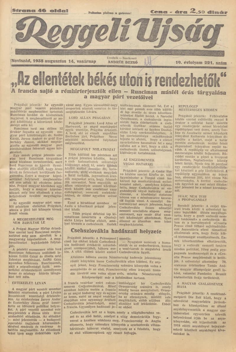 Reggeli Újság, 19. évf. 1938. augusztus 14. 221. sz.