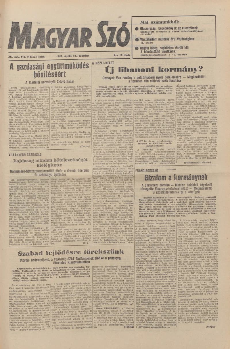 Magyar Szó, 41. évf. 1984. április 21. 110. sz. 1–24. oldal