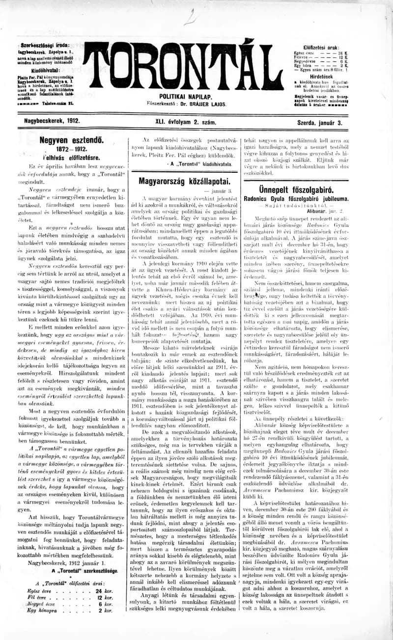 Torontál, 41. évf. 1912. január 3. 2. sz.