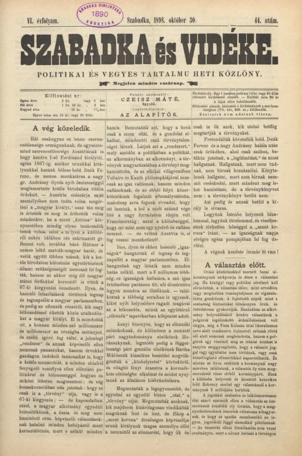 Szabadka és vidéke II, 6. évf. 1898. október 30. 44. sz.