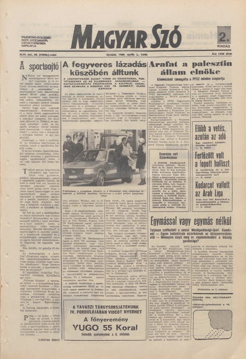 Magyar Szó, 46. évf. 1989. április 3. 90. sz. 1–20. oldal