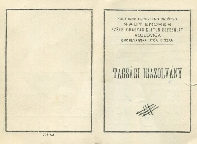 A hertelendyfalvi Ady Endre Székely-Magyar Művelődési Egyesület tagsági könyve