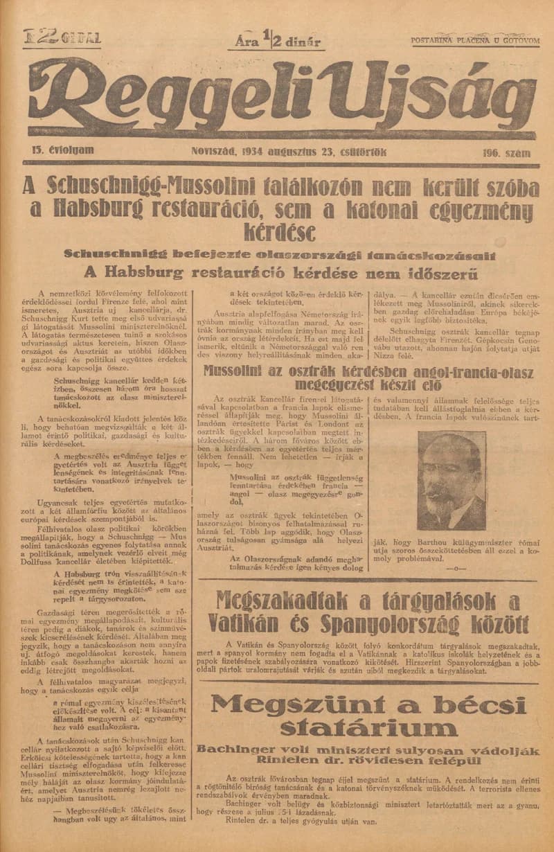 Reggeli Újság, 15. évf. 1934. augusztus 23. 196. sz.