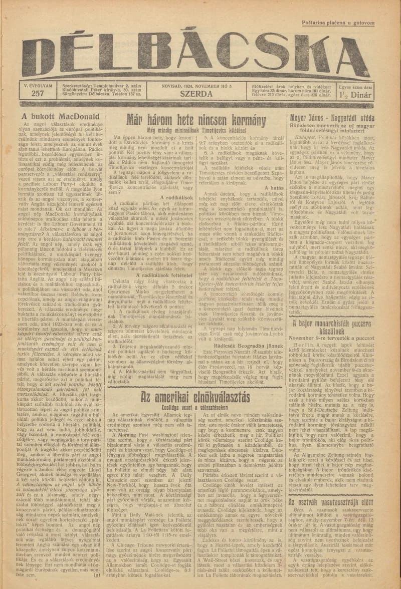 Délbácska, 5. évf. 1924. november 5. 257. sz.