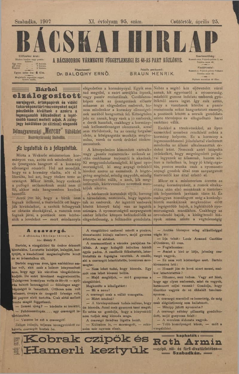 Bácskai Hirlap, 11. évf. 1907. április 25. 95. sz.