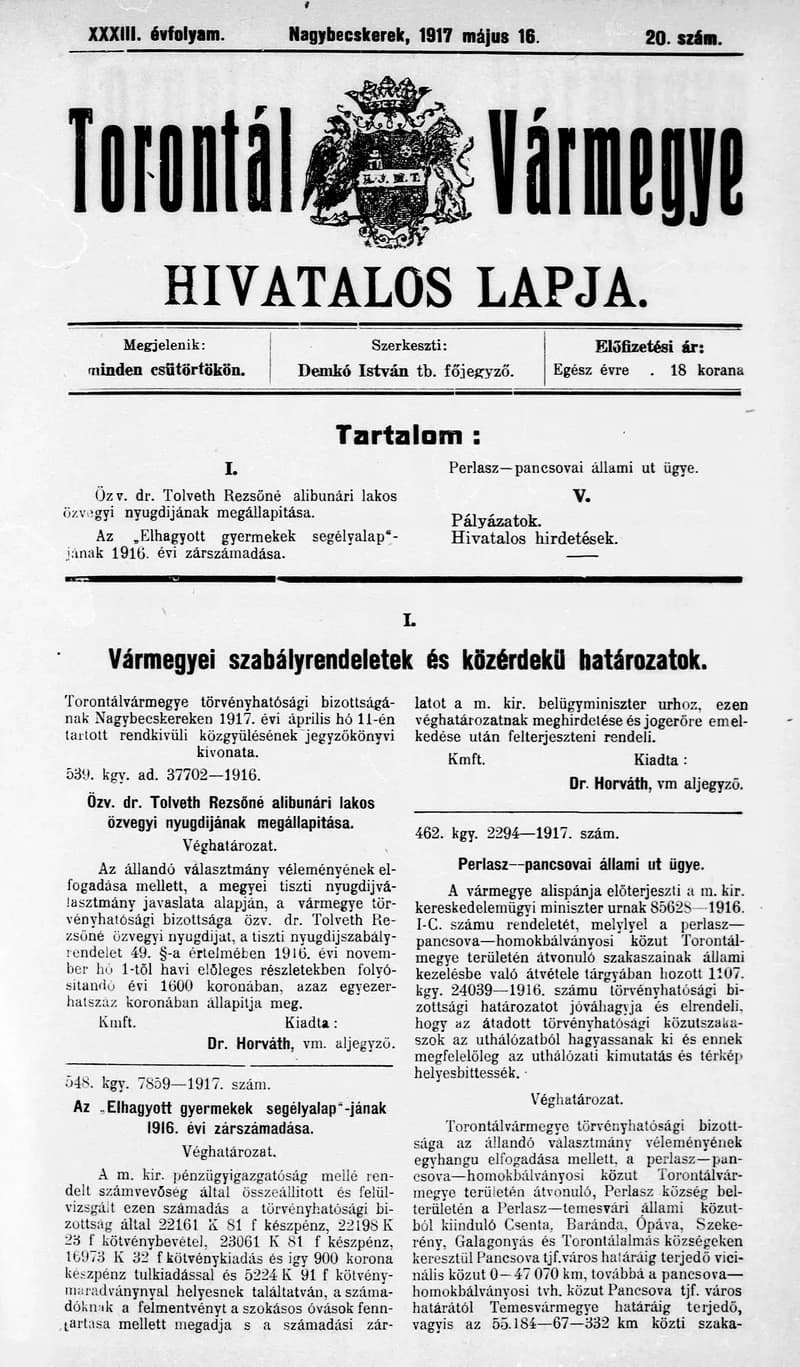 Torontál Vármegye Hivatalos Lapja, 33. évf. 1917. május 16. 20. sz.
