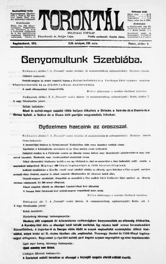 Torontál, 44. évf. 1915. október 8. 230. sz.