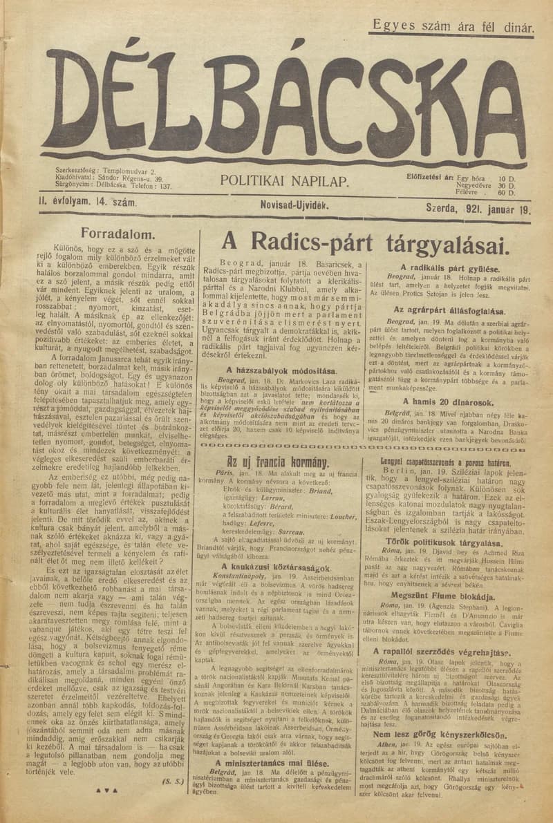 Délbácska, 2. évf. 1921. január 19. 14. sz.
