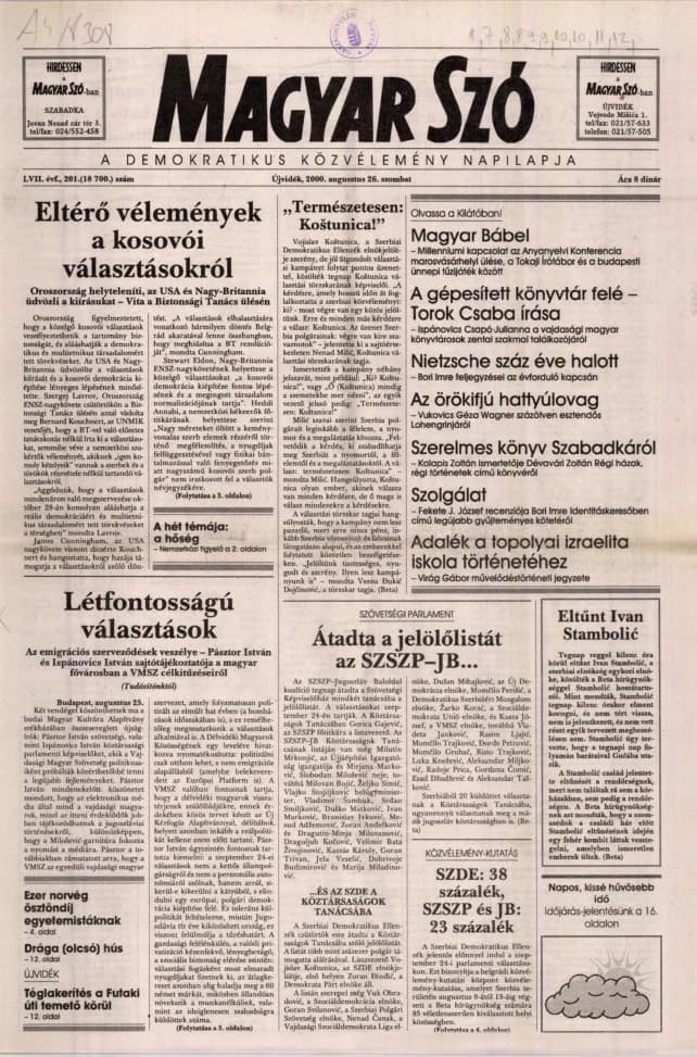 Magyar Szó, 57. évf. 2000. augusztus 26. 201. sz. 1–16. oldal