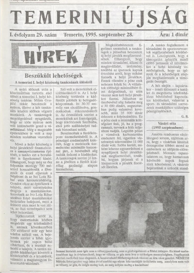 Temerini Újság, 1. évf. 1995. szeptember 28. 29. sz.