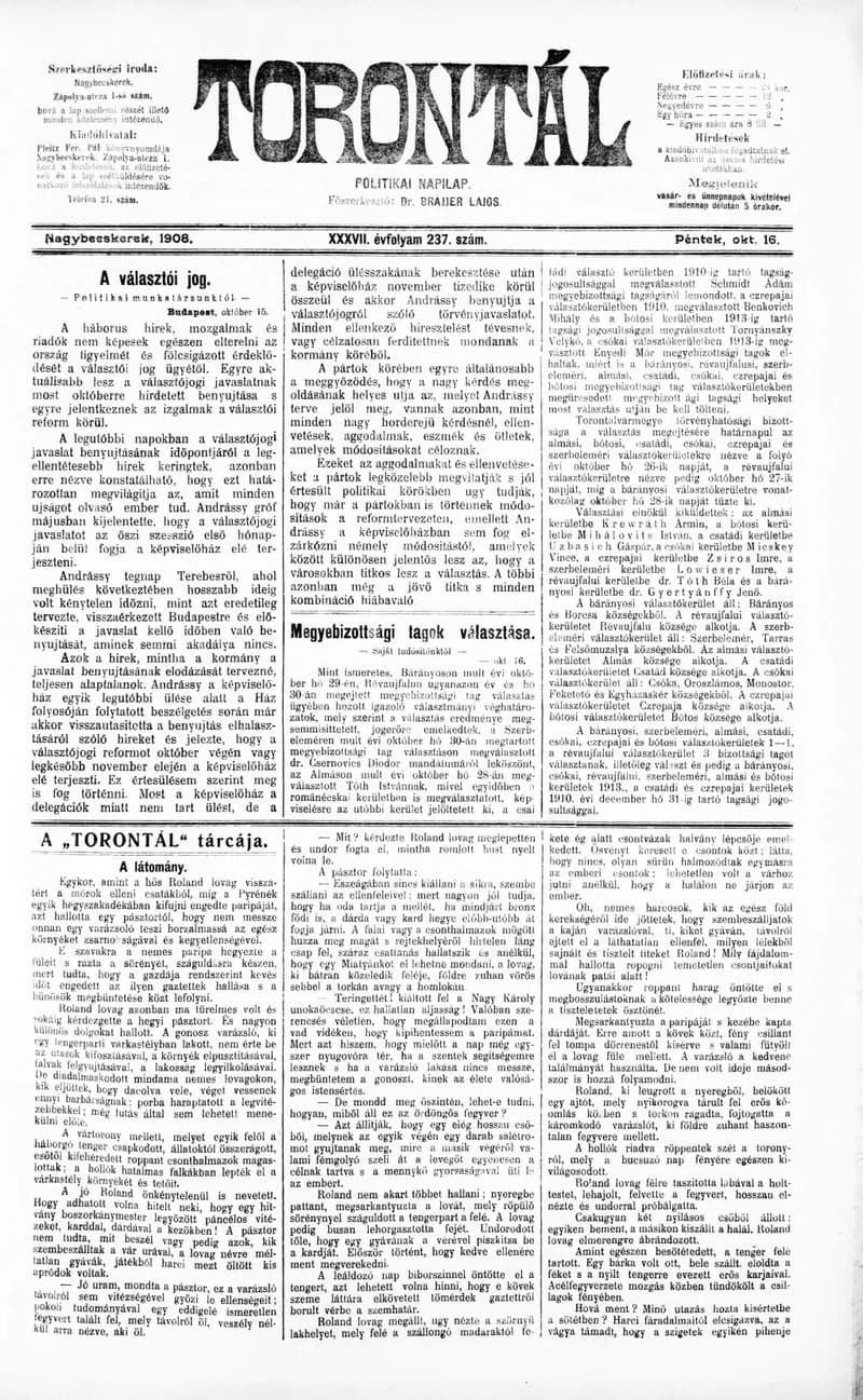 Torontál, 37. évf. 1908. október 16. 237. sz.