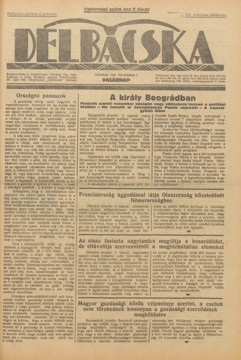 Délbácska, 7. évf. 1926. november 7. 258. sz.