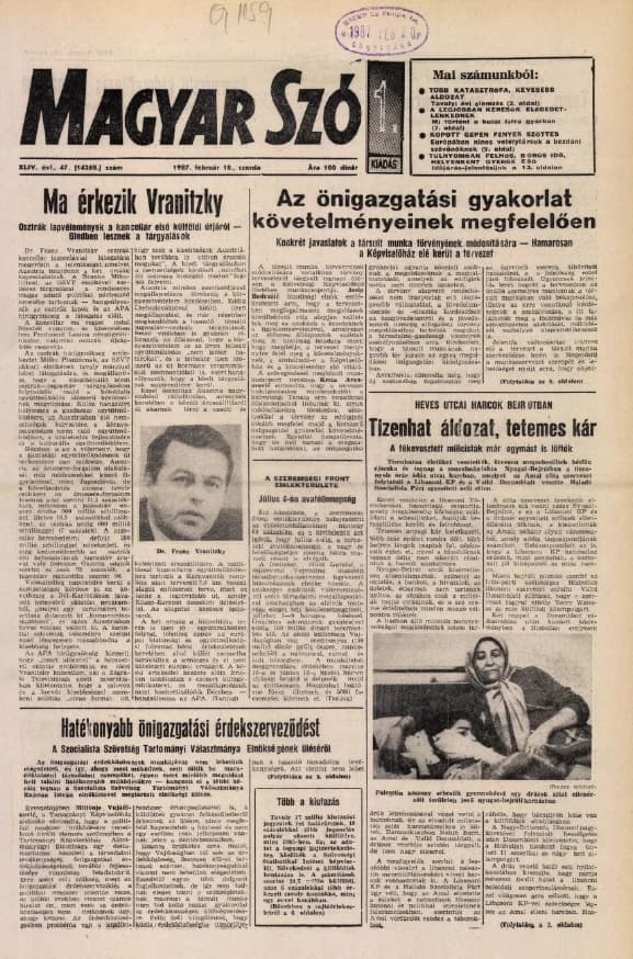 Magyar Szó, 44. évf. 1987. február 18. 47. sz. 1–16. oldal