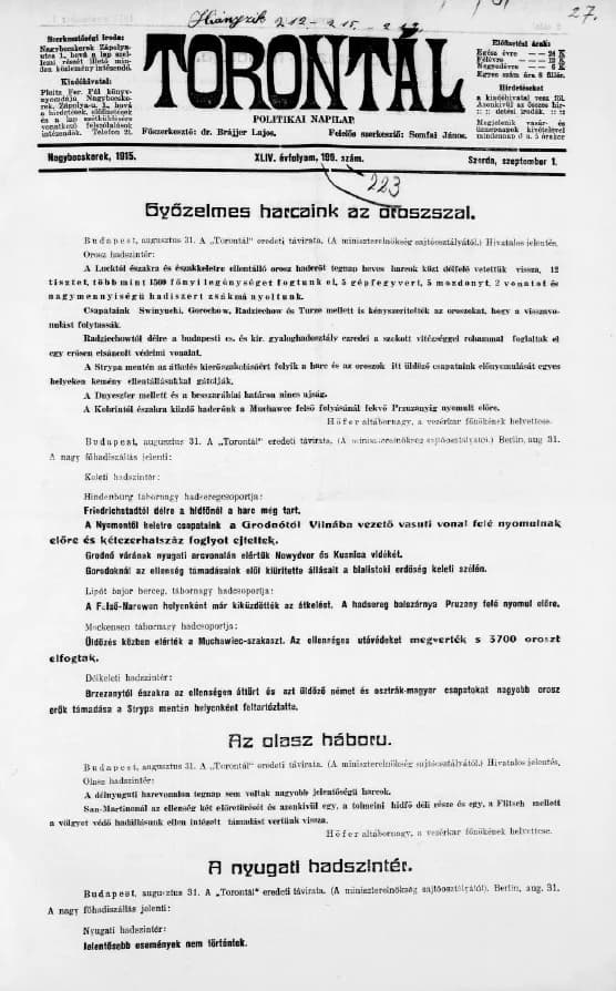 Torontál, 44. évf. 1915. szeptember 1. 199. sz.
