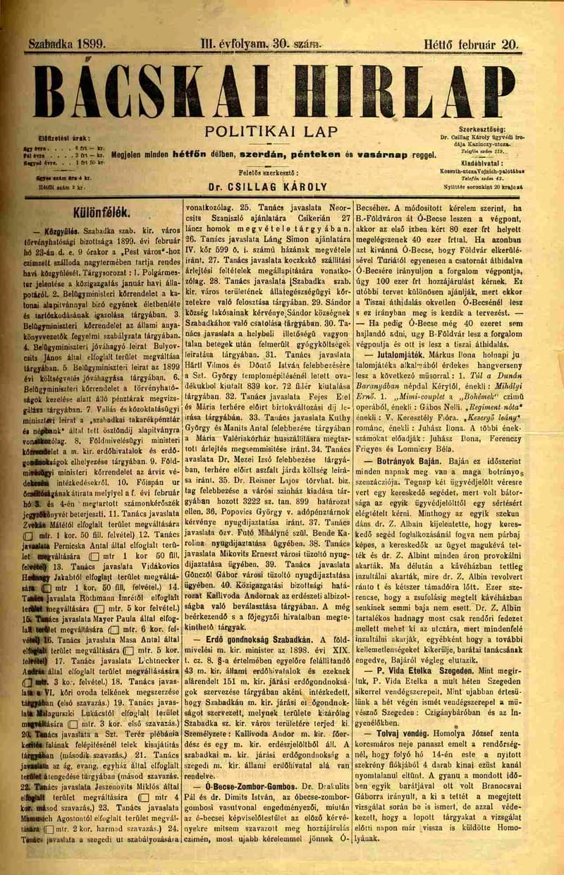 Bácskai Hirlap, 3. évf. 1899. február 20. 30. sz.