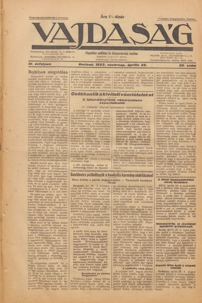 Vajdaság, 3. évf. 1923. április 29. 99. sz.