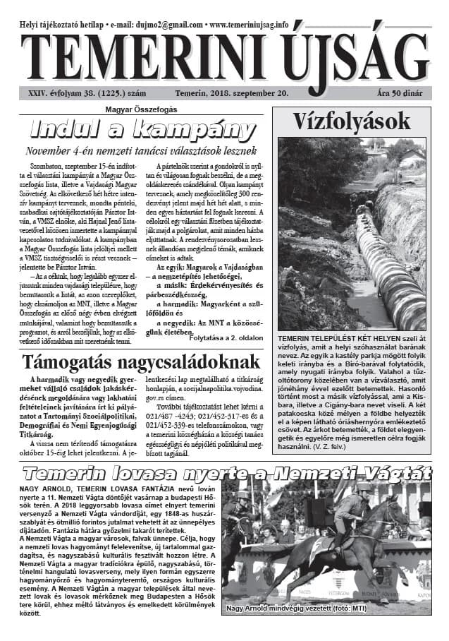 Temerini Újság, 24. évf. 2018. szeptember 20. 38. sz.
