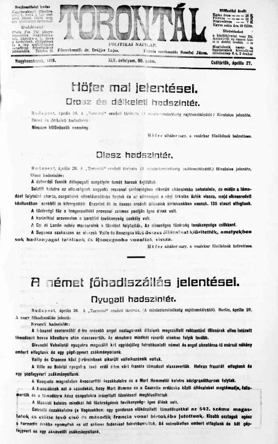 Torontál, 45. évf. 1916. április 27. 96. sz.
