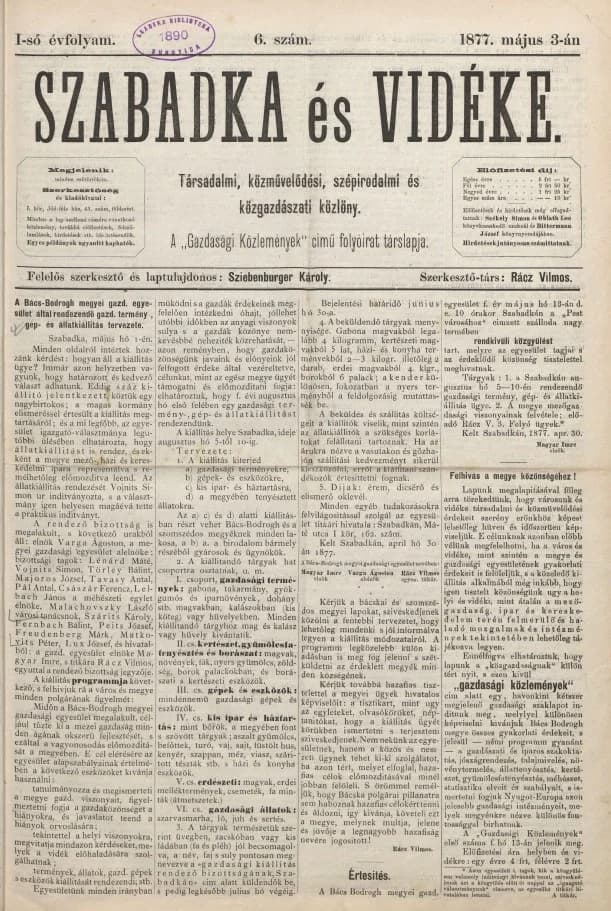 Szabadka és vidéke, 1. évf. 1877. május 3. 6. sz.