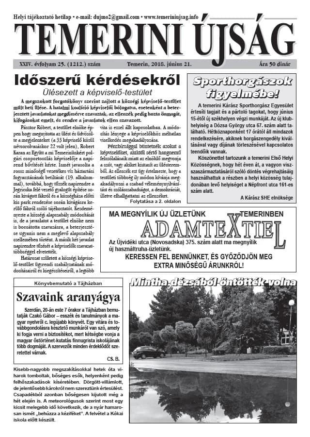 Temerini Újság, 24. évf. 2018. június 21. 25. sz.