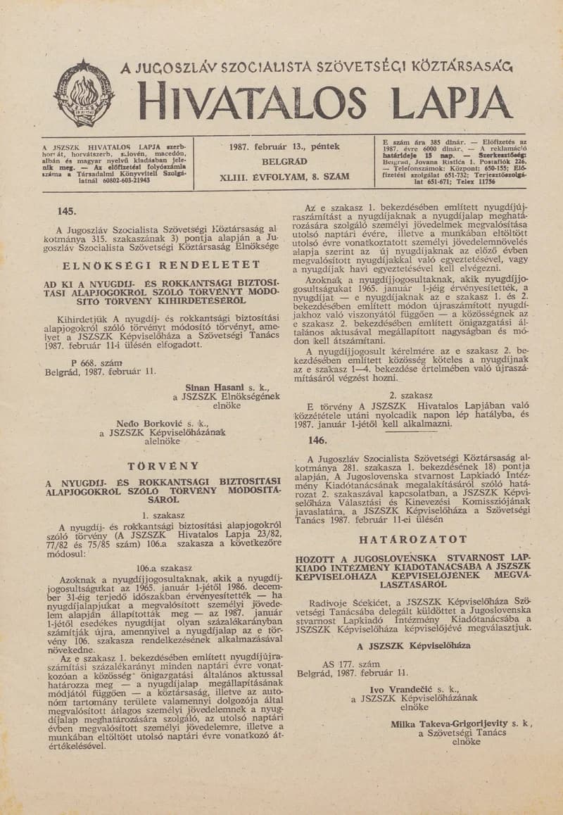 A Jugoszláv Szocialista Szövetségi Köztársaság Hivatalos Lapja, 43. évf. 1987. február 13. 8. sz. 225–268. oldal
