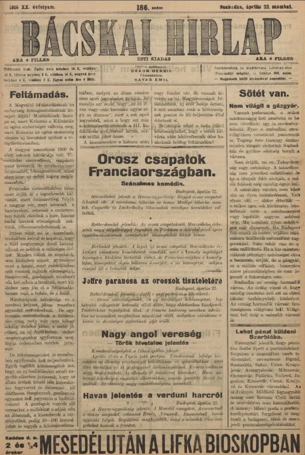 Bácskai Hirlap, 20. évf. 1916. április 22. 186. sz.