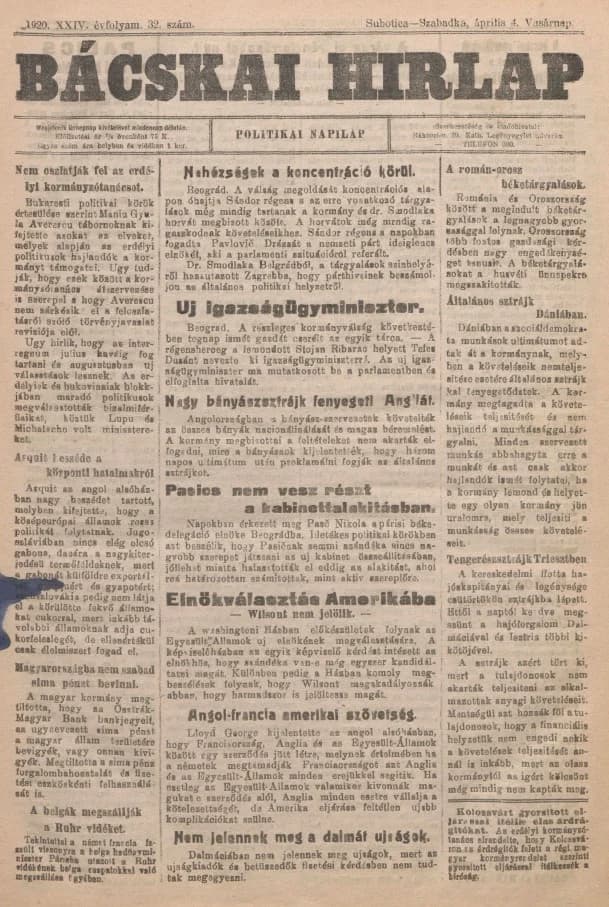 Bácskai Hirlap, 24. évf. 1920. április 4. 32. sz.