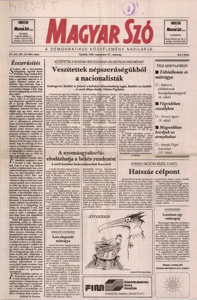 Magyar Szó, 55. évf. 1998. szeptember 27. 231. sz. 1–24. oldal