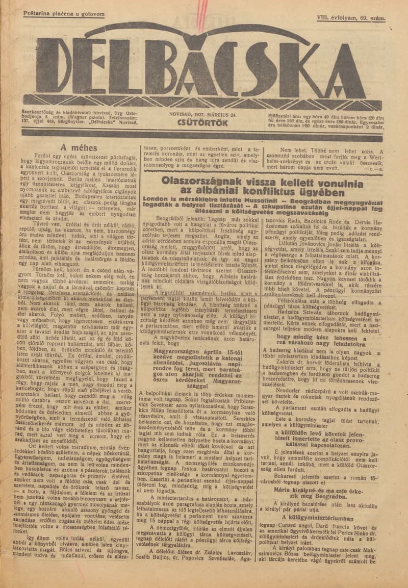 Délbácska, 8. évf. 1927. március 24. 69. sz.