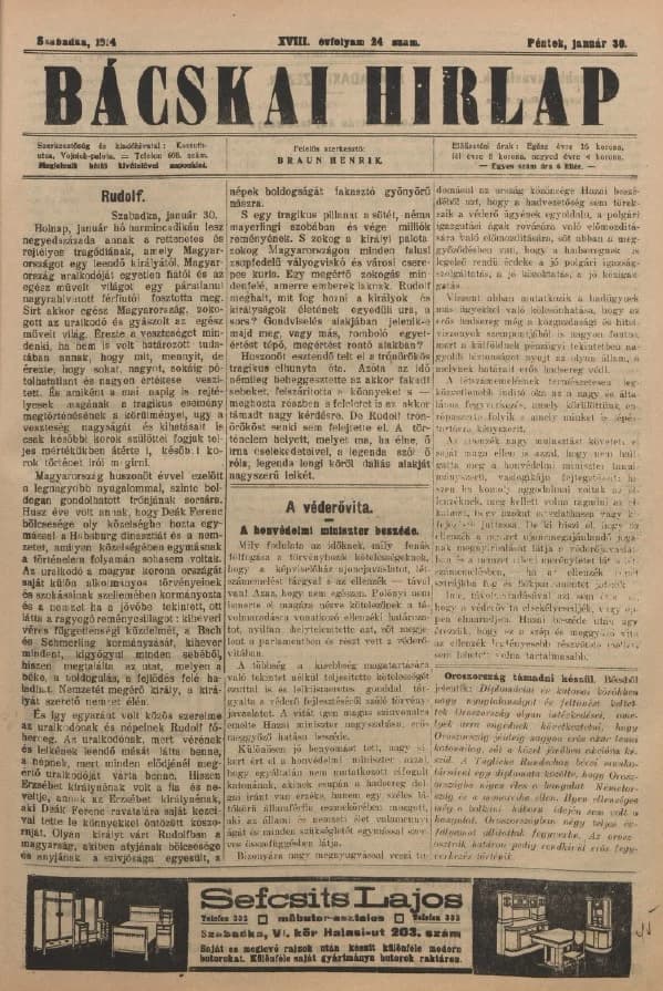 Bácskai Hirlap, 18. évf. 1914. január 30. 24. sz.