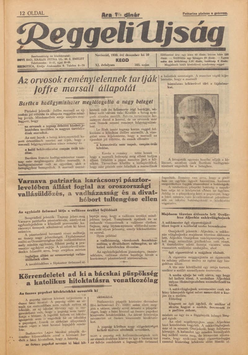 Reggeli Újság, 11. évf. 1930. december 30. 303. sz.