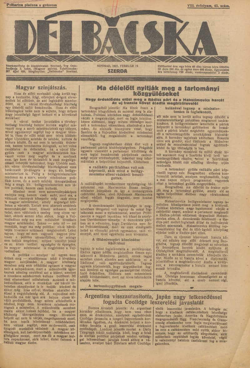 Délbácska, 8. évf. 1927. február 23. 43. sz.