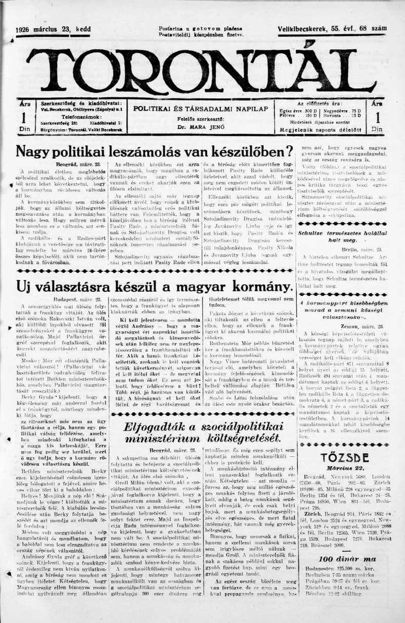 Torontál, 55. évf. 1926. március 23. 68. sz.