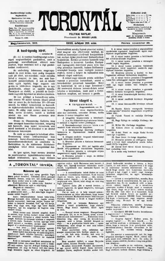 Torontál, 39. évf. 1910. november 25. 269. sz.