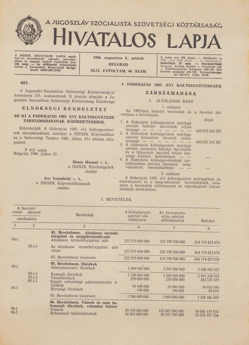 A Jugoszláv Szocialista Szövetségi Köztársaság Hivatalos Lapja, 42. évf. 1986. augusztus 8. 46. sz. 1345–1400. oldal