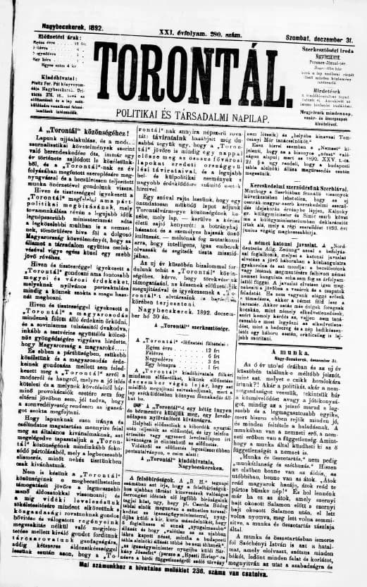 Torontál, 21. évf. 1892. december 31. 280. sz.