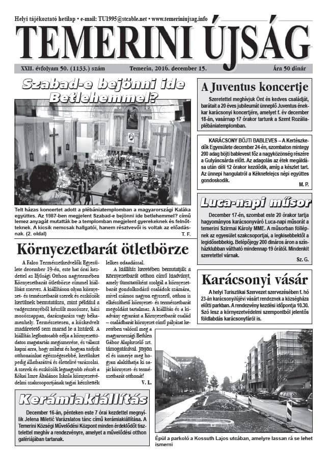 Temerini Újság, 22. évf. 2016. december 15. 50. sz.