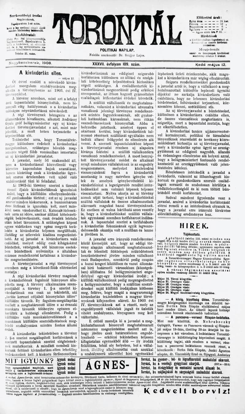Torontál, 37. évf. 1908. május 12. 109. sz.