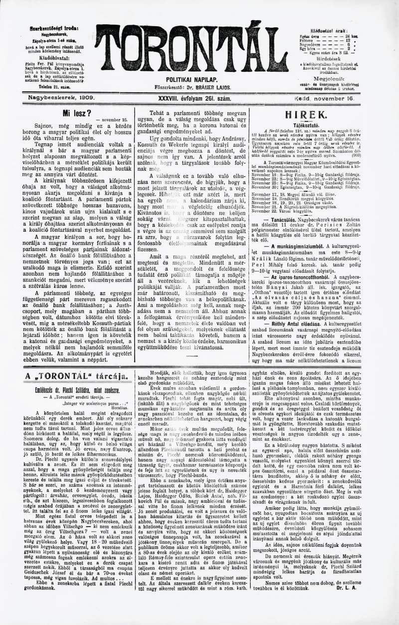 Torontál, 38. évf. 1909. november 16. 261. sz.
