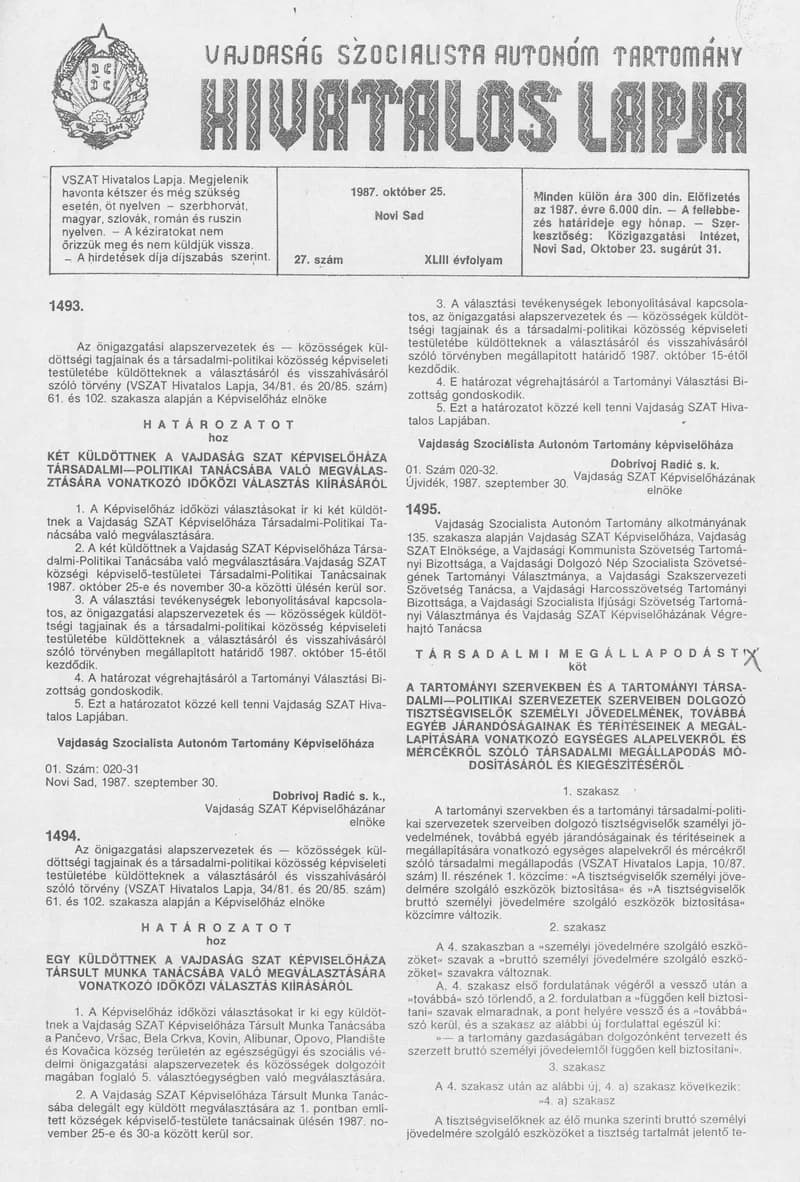 Vajdaság Szocialista Autonóm Tartomány Hivatalos Lapja, 43. évf. 1987. október 25. 27. sz.