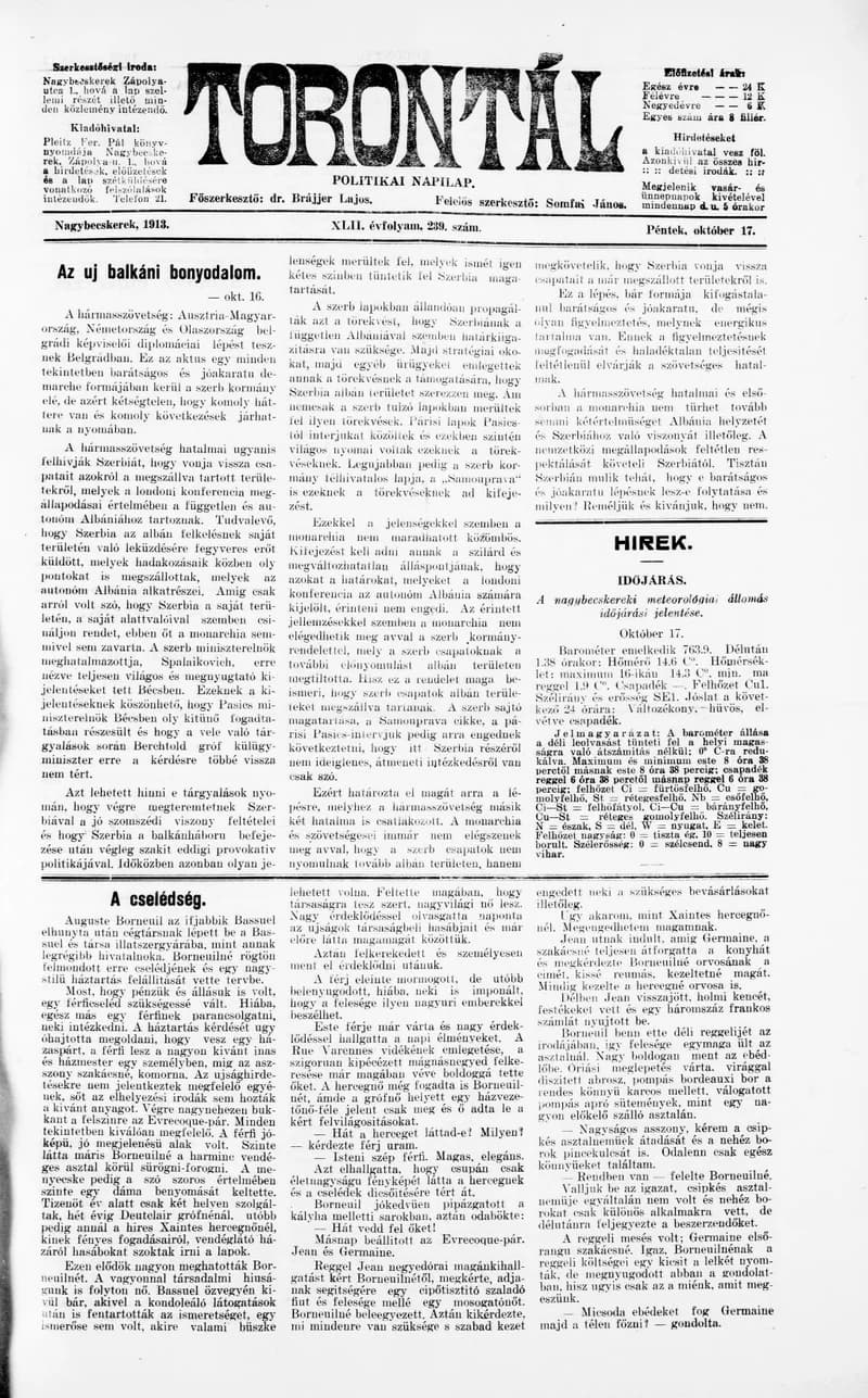Torontál, 42. évf. 1913. október 17. 239. sz.