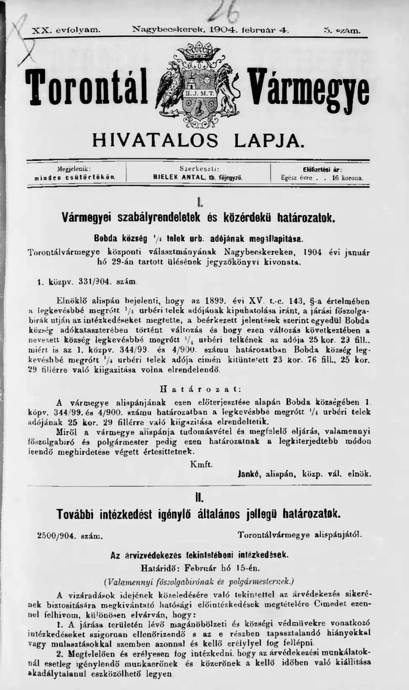 Torontál Vármegye Hivatalos Lapja, 20. évf. 1904. február 4. 5. sz.