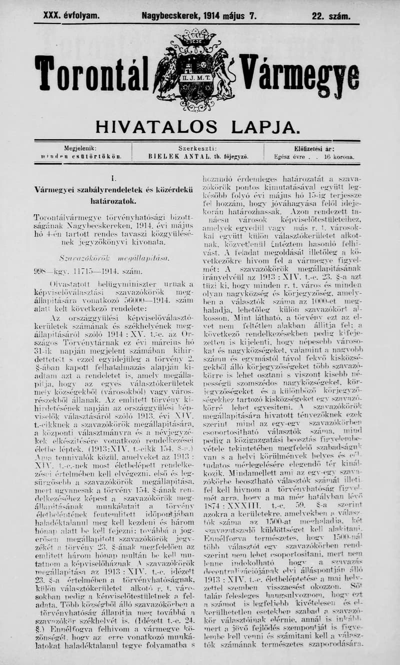 Torontál Vármegye Hivatalos Lapja, 30. évf. 1914. május 7. 22. sz.