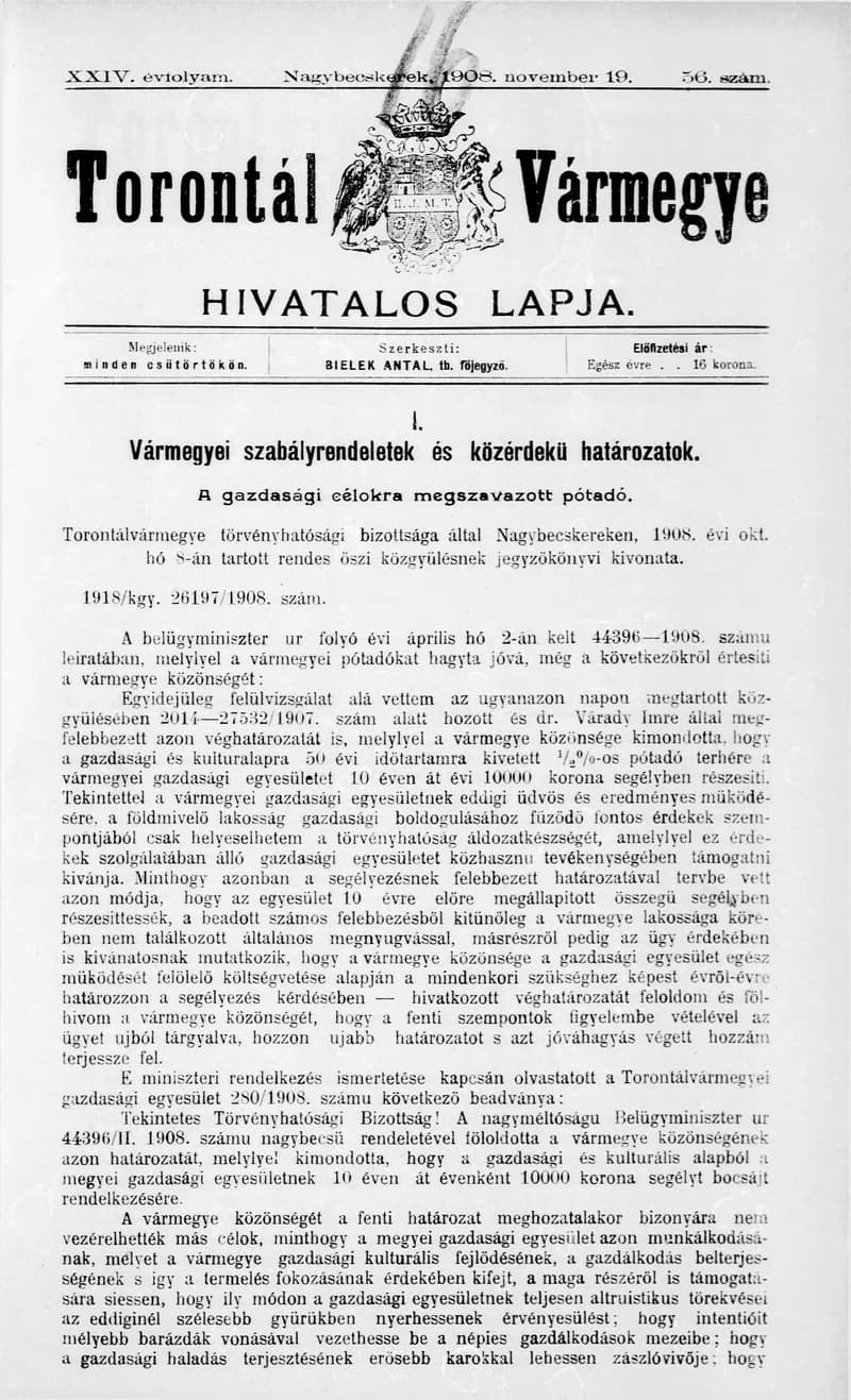 Torontál Vármegye Hivatalos Lapja, 24. évf. 1908. november 19. 56. sz.
