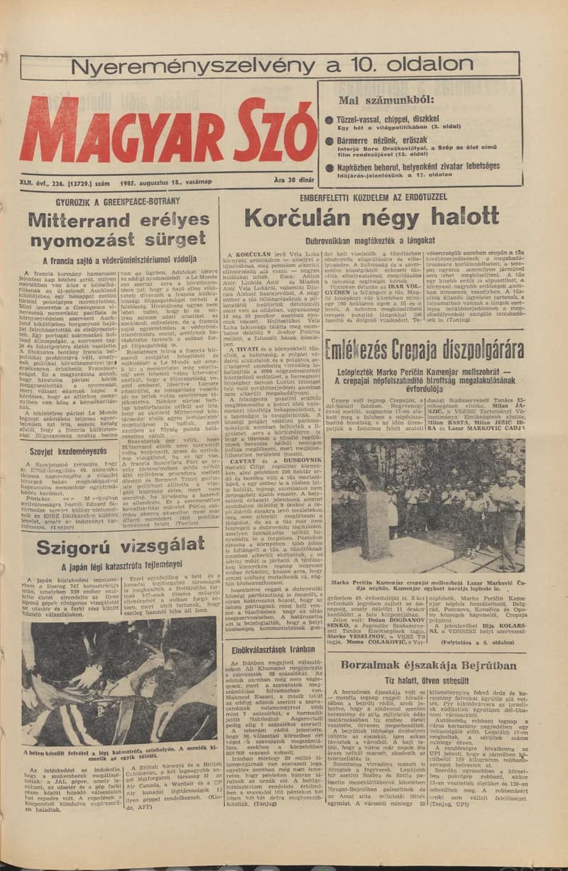 Magyar Szó, 42. évf. 1985. augusztus 18. 226. sz. 1–32. oldal